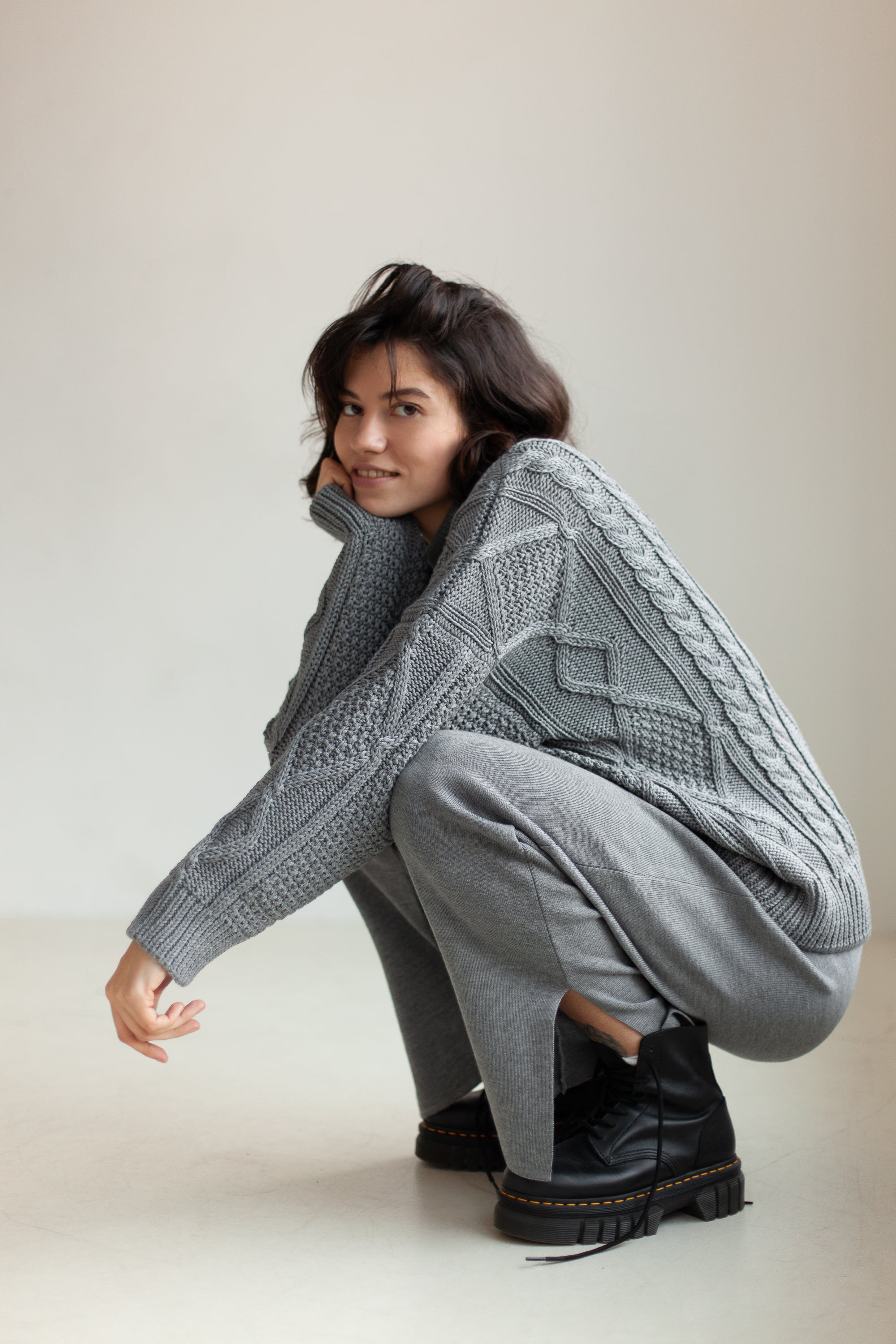 Nonna Cable-Knit 100% Merino Sweater Grey