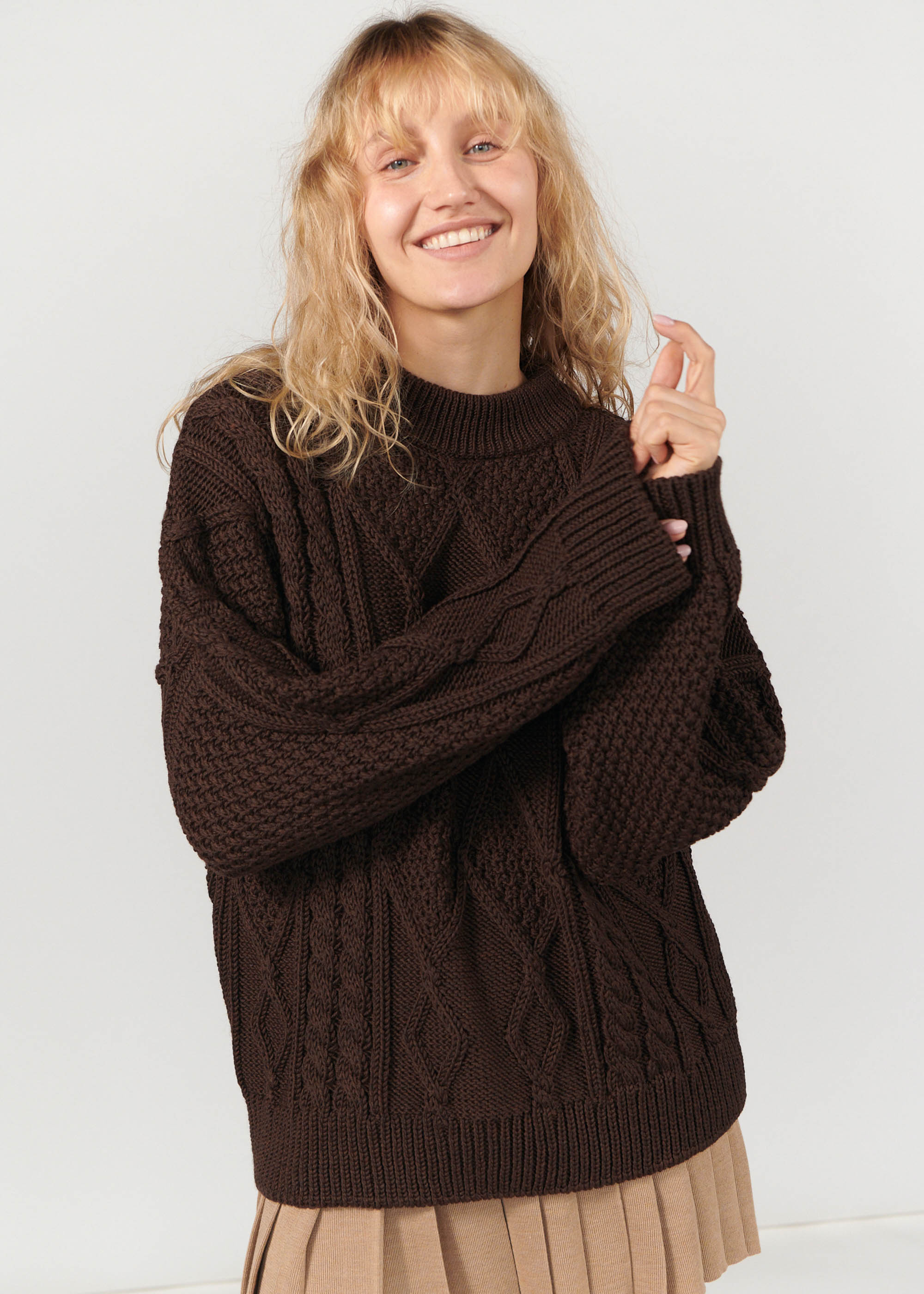 Nonna Cable-Knit 100% Merino Sweater Chocolate